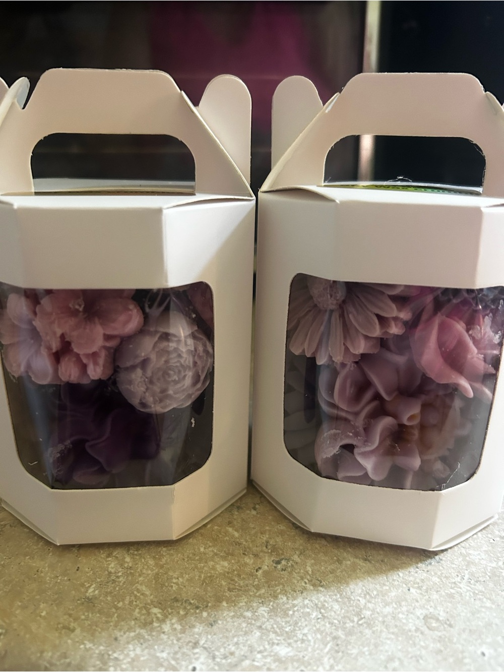 Two boxes left Floral wax melts in Purple and Pink and white $8.99 each